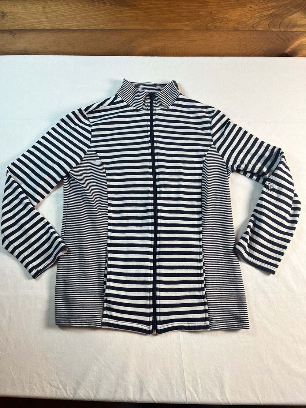 Croft & Barrow Women's Navy and White Striped Full Zip Mock Neck Jacket Small